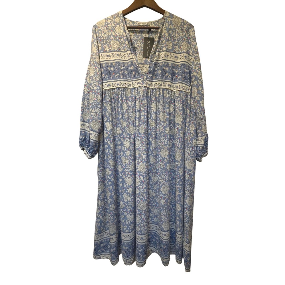 R.Vivimos Blue Floral Boho Midi Dress XL V-Neck Long Sleeve Cotton Rayon